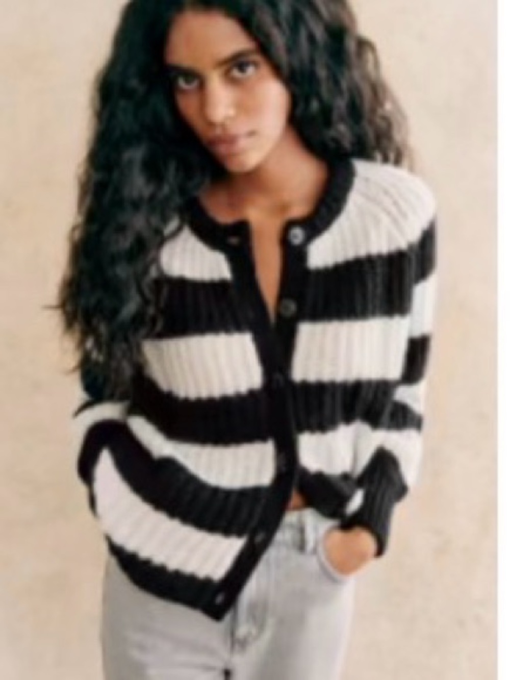 Sezane Black and White Chunky Striped Button Cardigan